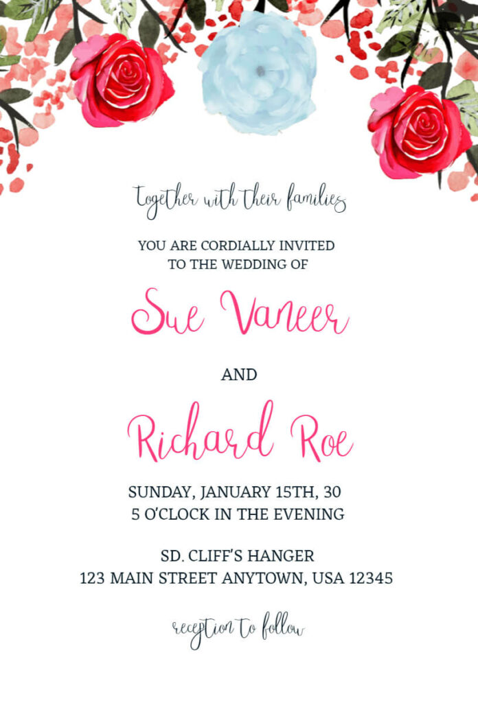 Watercolor Rose Flower Wedding Invitation Template
