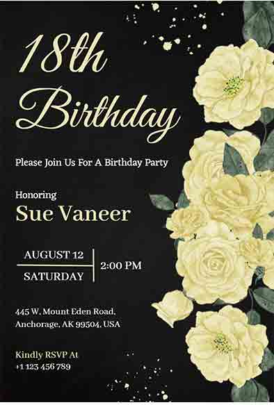 Floral Yellow & Black 18th Birthday Invitation Template