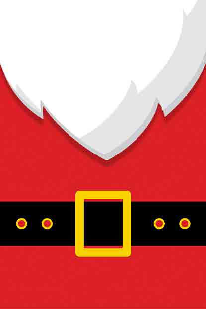 Customizable Christmas invitation design with Red Santa suit with white fur trim and gold belt buckle detail