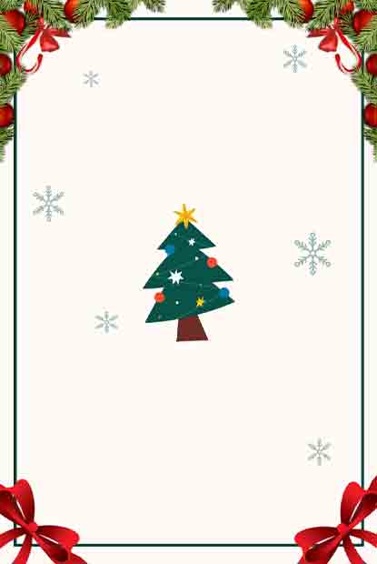 Blank Christmas invitation template Red and green Christmas tree with white snowflakes on festive background