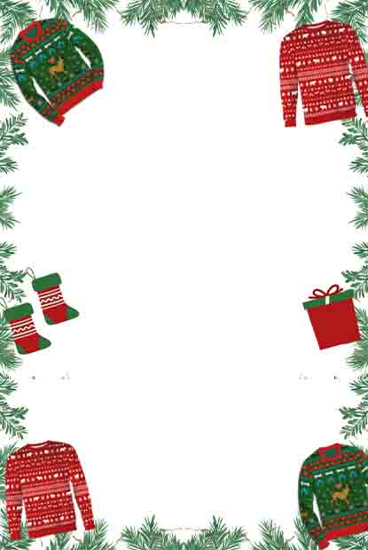 Blank Christmas invitation template with colorful knitted sweater patterns and pine branch border