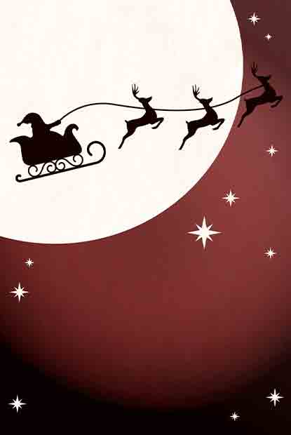 Christmas invitation template featuring Santa's sleigh and reindeer silhouette against full moon