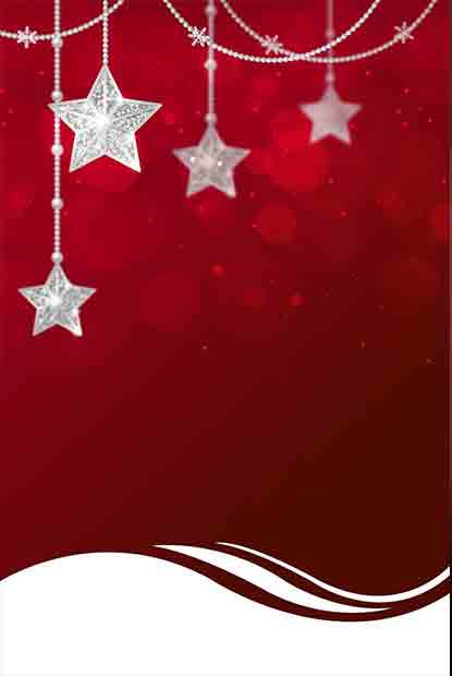 Christmas invitation template Silver stars hanging on strings against rich red background with soft lights