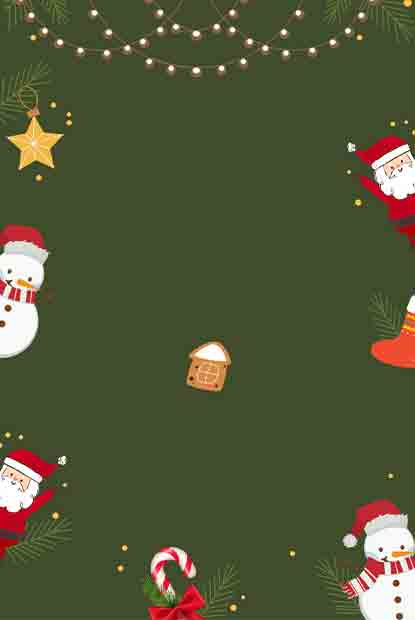 Christmas invitation template Cheerful snowmen, Santa figures, and gingerbread house with candy canes