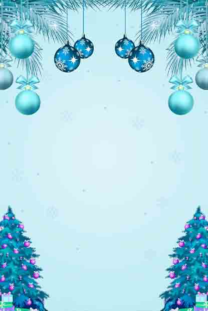 Blank Christmas invitation template with sparkling blue ornaments and snowy trees