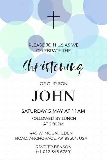 Bubble Christening Invitation template featuring abstract blue and green circles, a minimal cross, and event details.