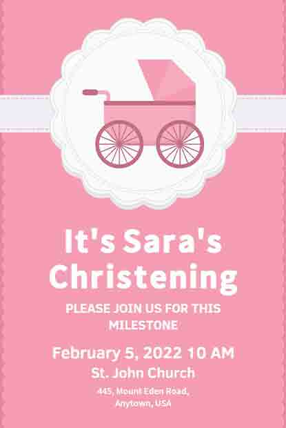 Pink Christening Invitation for a baby girl, featuring a large graphic of a pink baby carriage and a stitched border.