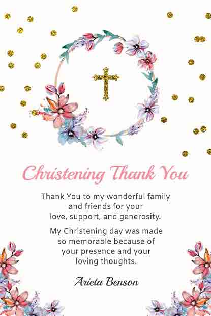 Floral Christening Thank You Card featuring a watercolor floral wreath, a glittering gold cross, and confetti on a white background.