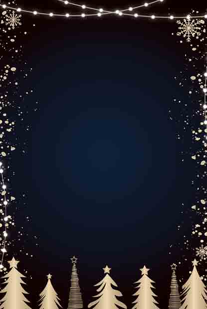 Customizable Christmas invitation design with twinkling fairy lights and snowflakes framing deep blue night sky