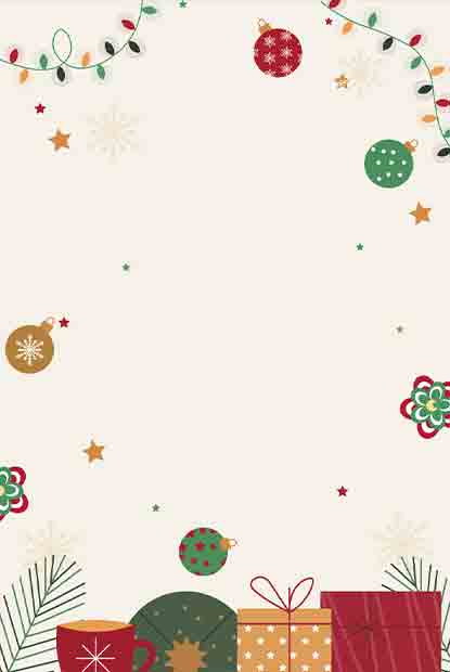 Customizable Christmas invitation template Wrapped gift boxes with colorful baubles, string lights, and pine branches