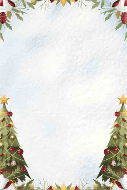 Customizable Christmas invitation template Two decorated Christmas trees with golden stars on snowy background