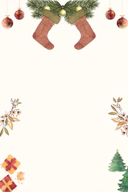 Customizable Christmas invitation design with Red plaid stockings hanging from green pine garland with ornaments