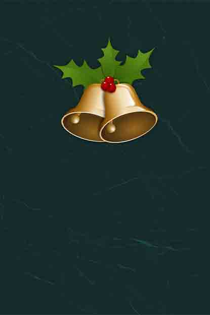 Customizable Christmas invitation design with Golden jingle bells with holly leaves and red berries on green background