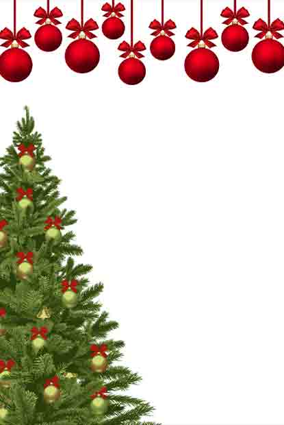 Blank Christmas invitation template with decorated tree and hanging red baubles