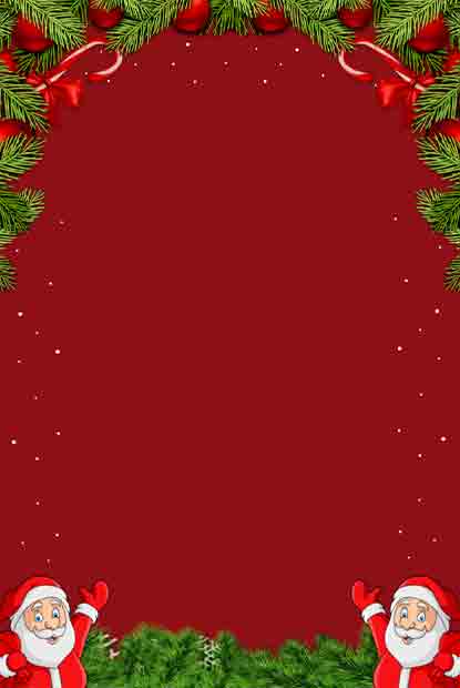 Customizable Christmas invitation design with Waving Santa figures with candy canes and ornaments creating festive border