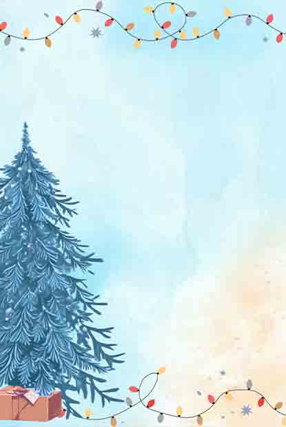 Blank Christmas invitation template with illuminated tree and twinkling string lights