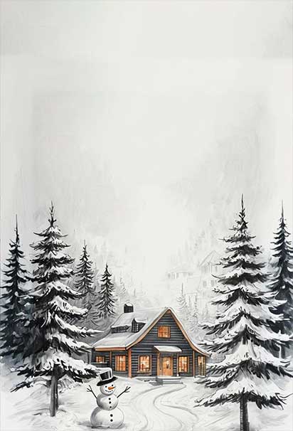 Cozy Winter Cabin Scene With Snowy Trees and Warm Holiday Ambiance