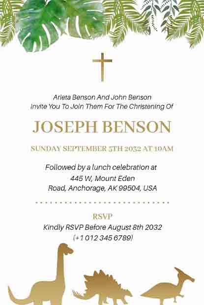 Dinosaur Christening Invitation with tropical leaves, a gold cross, and dinosaur silhouettes.