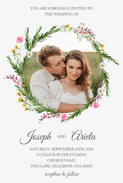 Floral Wreath Photo Wedding Invitation 