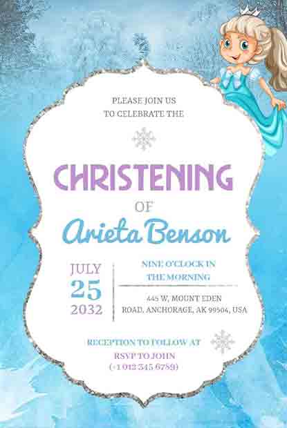 Frozen Christening Invitation with an icy blue background, a princess character, and a glittery frame.