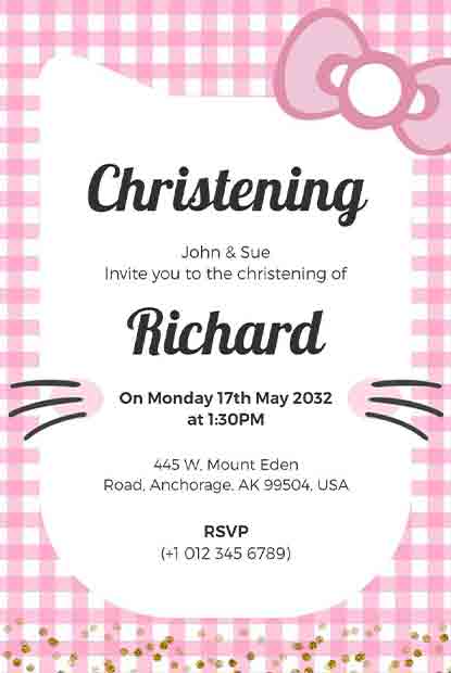 Hello Kitty Christening Invitation with a pink checkered background and a large Hello Kitty head shape.