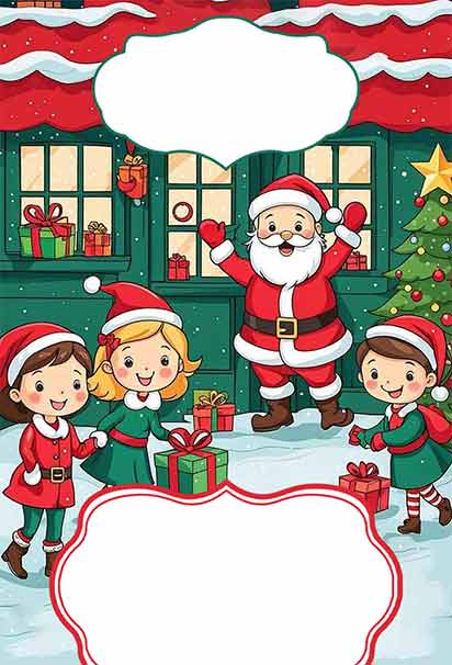 Cheerful Kids’ Christmas Party Scene Featuring Santa Claus, Gifts, and Festive Fun