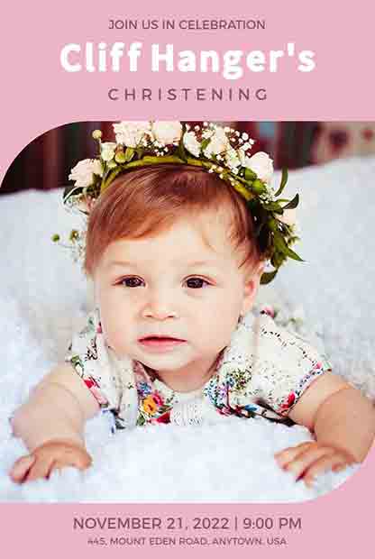 Floral Headband Christening Invitation featuring a close-up photo of a baby wearing a flower crown on a pink background.