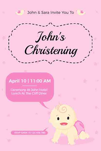 Pink Baby Cartoon Christening Invitation with a crawling baby graphic and a dashed border frame.