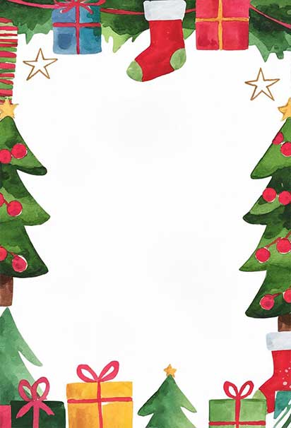 Playful Watercolor Christmas Design With Whimsical Trees and Festive Elements