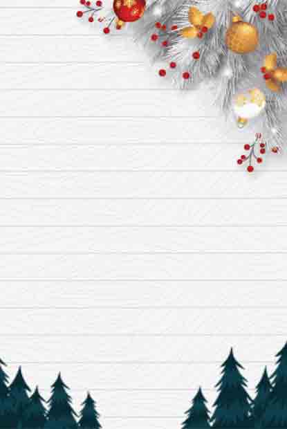 Customizable Christmas invitation design with Snowy forest scene with evergreen trees and red berry branches on wood background