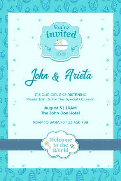 Elegant blue Christening invitation template with photo frame and ribbon design.