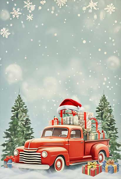 Vintage Christmas Scene Featuring a Red Truck Filled With Toys