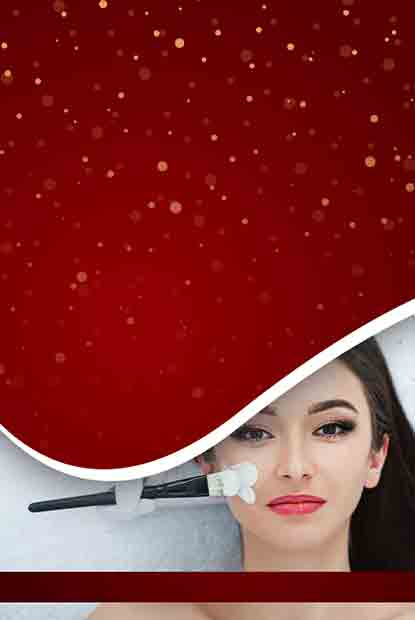 Customizable Christmas invitation template Red background with golden bokeh lights and glamorous makeup styling