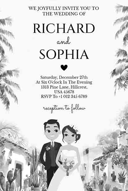 Black and White Formal Wedding Invitation with Couple Illustration Design