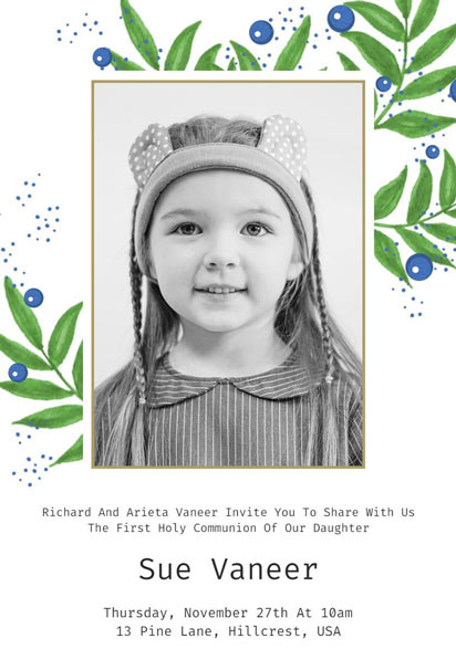 Blueberry Fields First Holy Communion Invitation Design with Soft and Serene Details