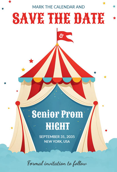 Carnival-Theme Save the Date Prom Night Party Invitation with Bright Colors and Festive Elements