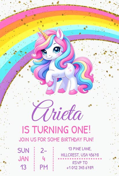 Colorful Rainbow Unicorn 1st Birthday Invitation Design with Bright and Playful Details