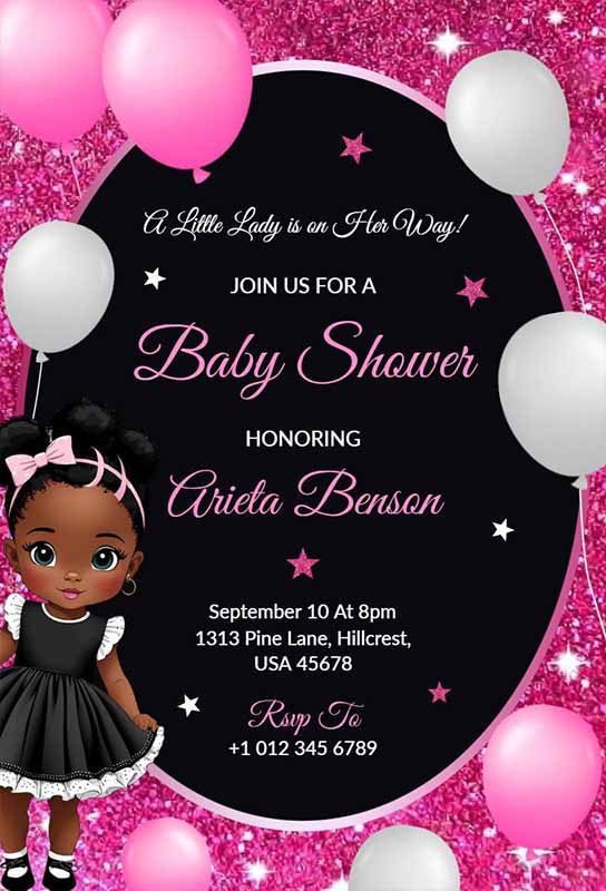 Cute Black Barbie Girl Baby Shower Celebration Invitation Design