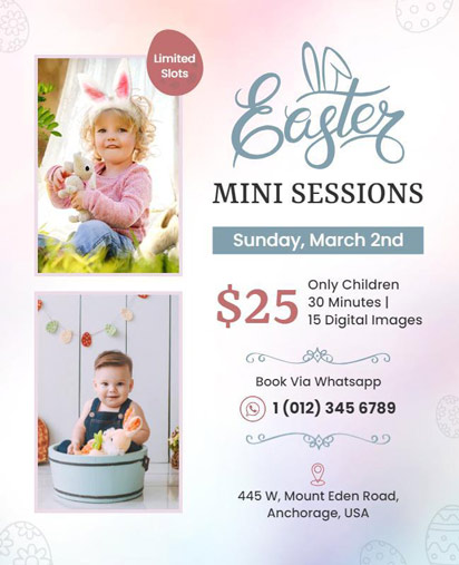 Advertisement for Easter Mini Photo Sessions with Children, Bunny Ears, and Easter Decorations