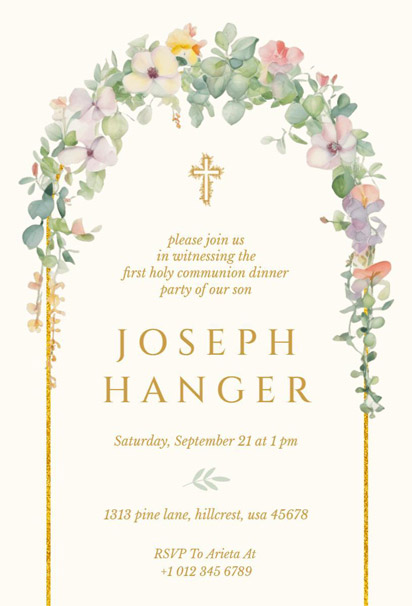 Floral Arch Holy Communion Dinner Party Invitation Design with Elegant and Graceful Touches