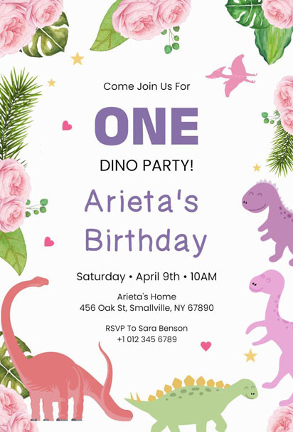 Dinosaur-Themed RSVP Party Invitation with Floral and Playful Details