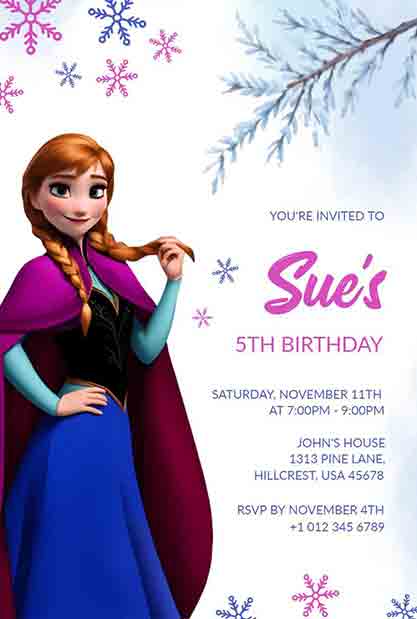 Frozen-Themed 5th Birthday Invitation with Ice Blue and Snowflakes.