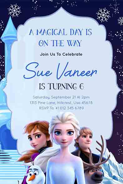 Frozen-Themed 6th Birthday Invitation with Snowflakes and Icy Blue Details.