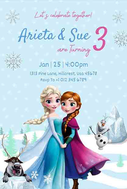 Frozen-Themed 3rd Birthday Invitation for Twins with Snowy Blue Accents.