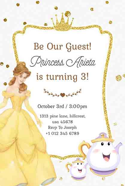 Glitter Princess Belle 3rd Birthday Invitation with Magical and Sparkling Design Elements.