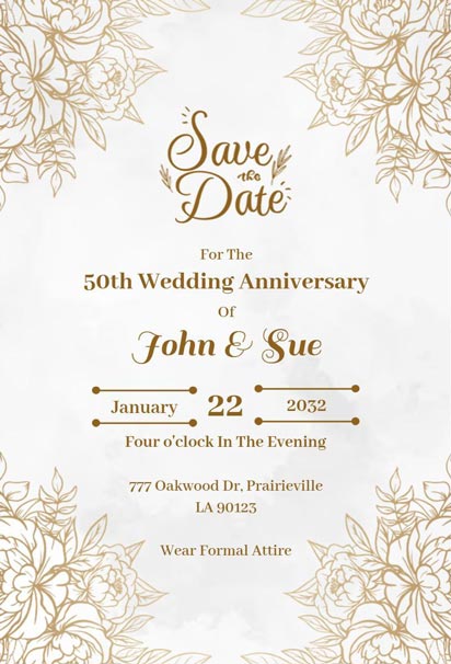Golden White Flower Save the Date Wedding Anniversary Invitation Design