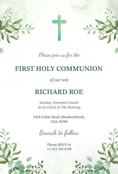 Green Leaves First Holy Communion Invitation Design with Nature-Inspired Elegance
