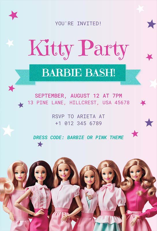 Kitty Party Barbie Bash Invitation Design With Green and Pink Gradient 