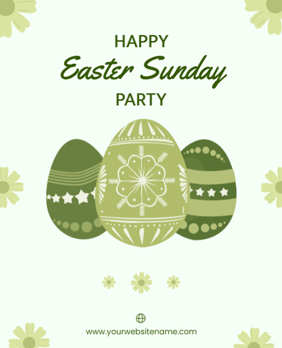 Easter Sunday Party Poster with Decorated Green Easter Eggs and Floral Motifs
