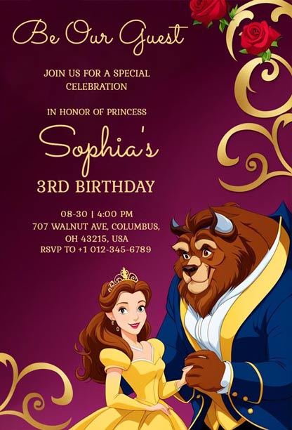 Princess Beauty and Beast 3rd Birthday Celebration Invitation